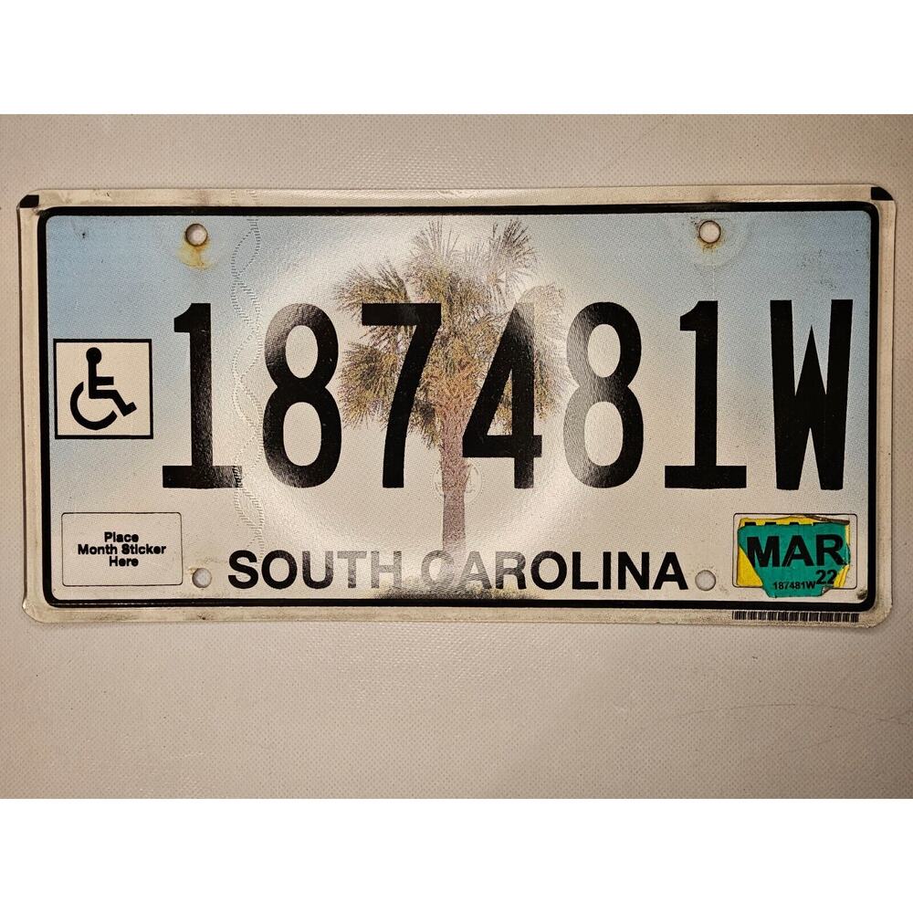 Collectable real metal license plate South Carolina "187481W" Handicap Palm Tree
